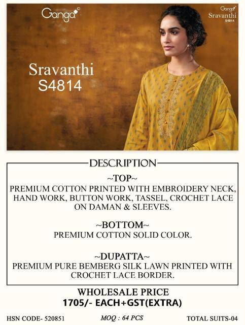 Ganga sravanthi 4814 wholesale dealers for dress materials in surat wats app